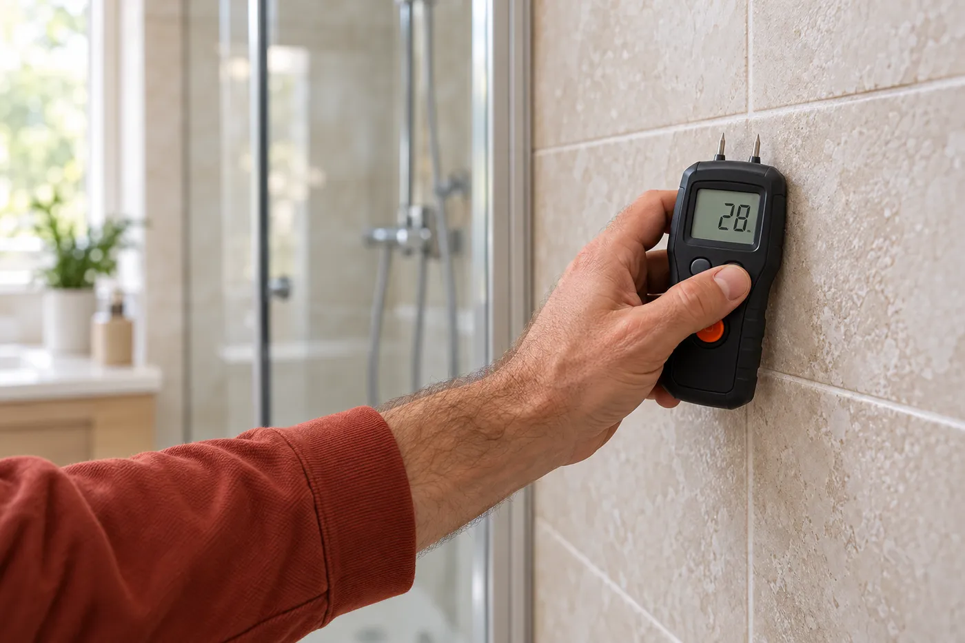 Recherche de fuite au testeur d'humidité sur un mur carrelé près d'une douche