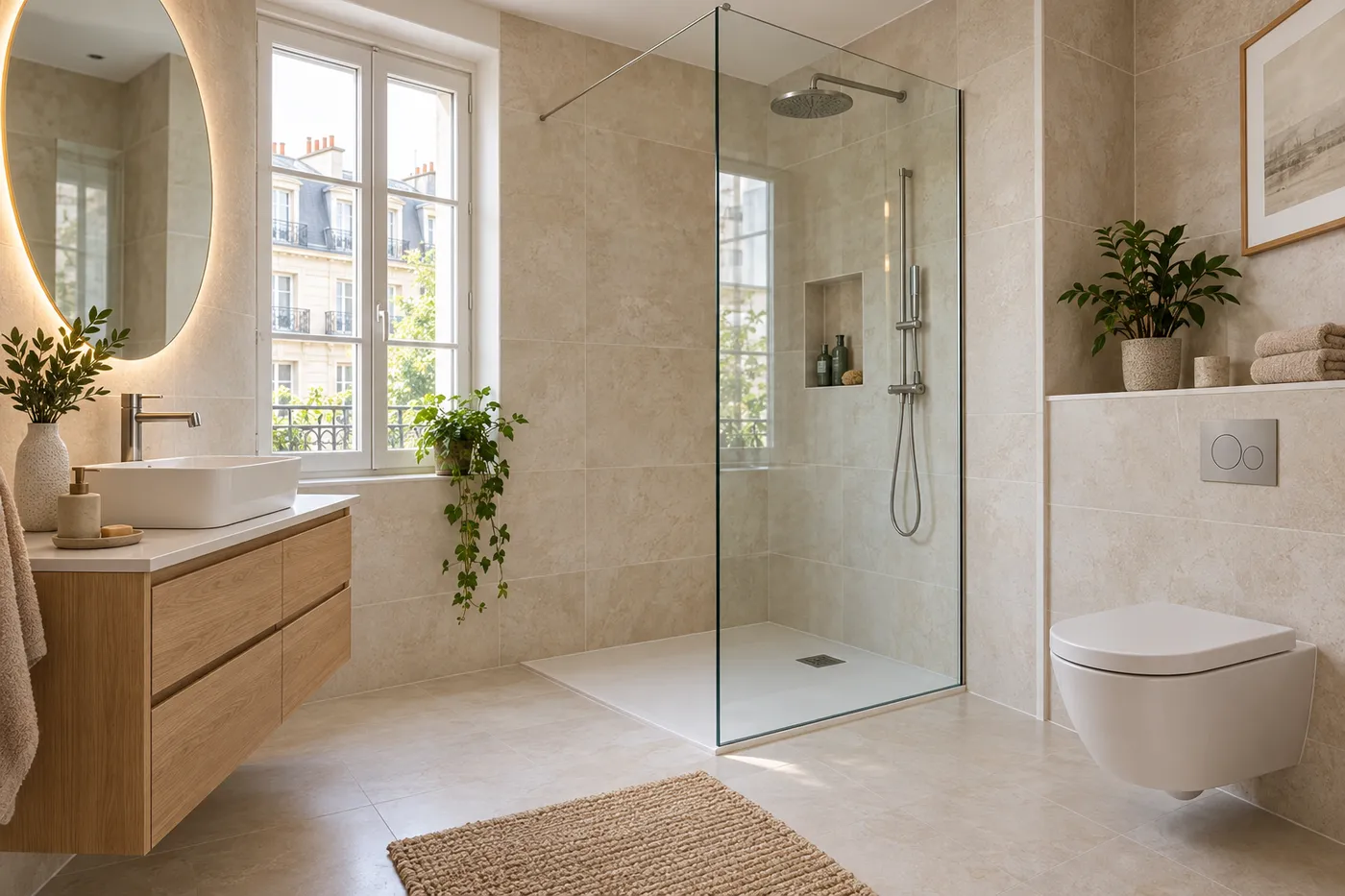 Douche à l'italienne de plain-pied avec receveur extra-plat et paroi vitrée dans une salle de bain rénovée